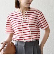 SHIPS any:〈洗濯機可能〉マリンボーダー レースアップ ショートスリーブ TEE