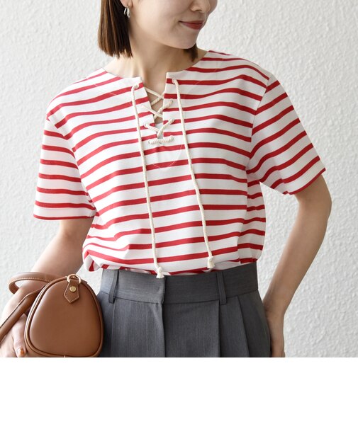 SHIPS any:〈洗濯機可能〉マリンボーダー レースアップ ショートスリーブ TEE
