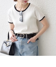 〈洗濯機可能〉テレコ リブ バイカラー ショートスリーブ TEE