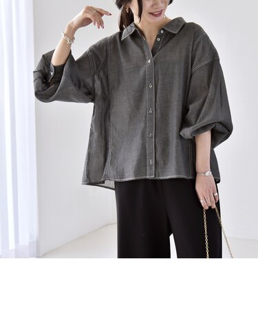 quaranciel:〈洗濯機可能〉シアー デニム ギャザー レギュラー シャツ