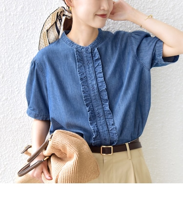 【WEB限定】〈手洗い可能〉ライト オンス フリル デニム 半袖 シャツ