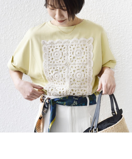 【WEB限定】〈汗染み防止/手洗い可能〉クロシェ レース ドッキング ショート スリーブ TEE
