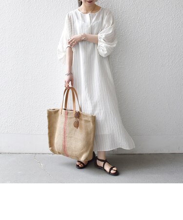 SHIPS any:〈洗濯機可能〉リネン ミックス ボリュームスリーブ ストライプ ワンピース