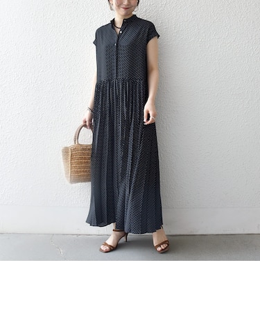 SHIPS any:〈手洗い可能〉ドット バンドカラー フレンチ プリーツ ロング ワンピース