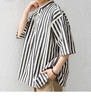 SHIPS any:〈洗濯機可能〉コットン/リネン ストライプ バンド スキッパー ハーフスリーブ シャツ 26SS◇