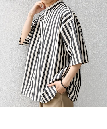 SHIPS any:〈洗濯機可能〉コットン/リネン ストライプ バンド スキッパー ハーフスリーブ シャツ 26SS◇