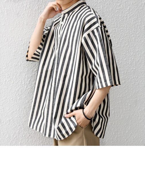 SHIPS any:〈洗濯機可能〉コットン/リネン ストライプ バンド スキッパー ハーフスリーブ シャツ 26SS◇