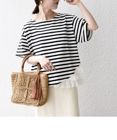 〈洗濯機可能〉レース ヘム アシンメトリー ショートスリーブ TEE
