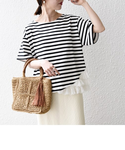 〈洗濯機可能〉レース ヘム アシンメトリー ショートスリーブ TEE