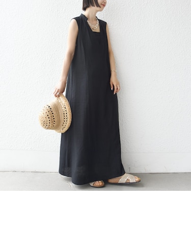 【WEB限定】〈手洗い可能〉レーヨン 麻 ステッチ デザイン Vネック ワンピース