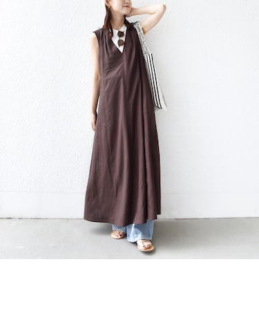 【WEB限定】〈手洗い可能〉レーヨン 麻 ステッチ デザイン Vネック ワンピース