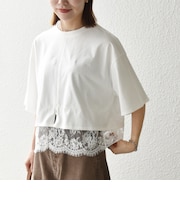 〈洗濯機可能〉ジップ レース ヘム ハーフスリーブ TEE