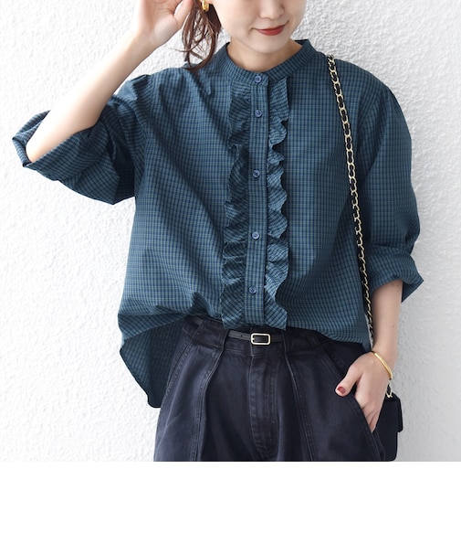 《追加予約》【WEB限定】〈手洗い可能〉チェック フリル ロングスリーブ シャツ(グリーン)