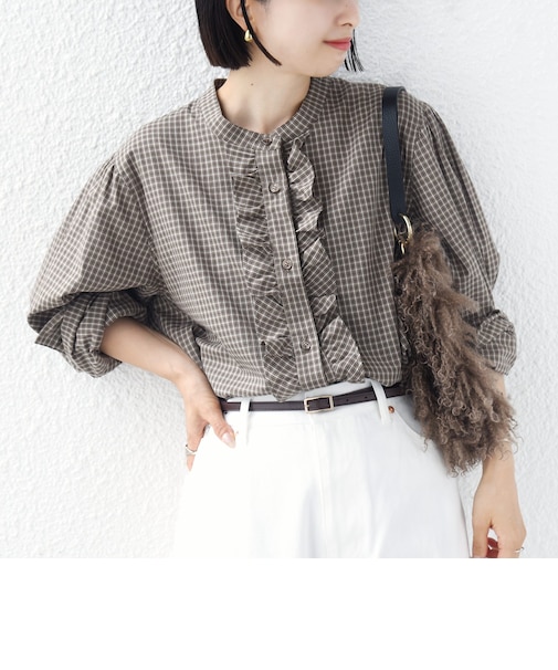 【WEB限定】〈手洗い可能〉チェック フリル ロングスリーブ シャツ(ベージュ)