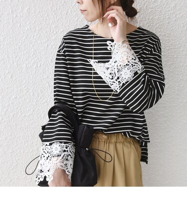 【WEB限定】〈手洗い可能〉ボーダー ポンチ レースカフス トップス◇