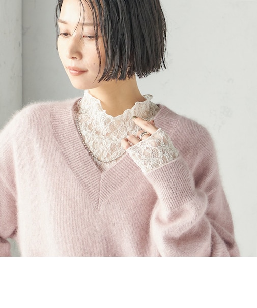 〈手洗い可能〉フラワー ストレッチ レース ハイネック トップス
