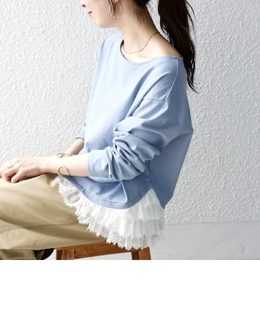 〈洗濯機可能〉レース ヘム アシンメトリー ロングスリーブ TEE