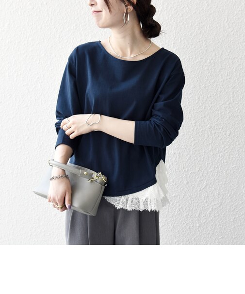 〈洗濯機可能〉レース ヘム アシンメトリー ロングスリーブ TEE
