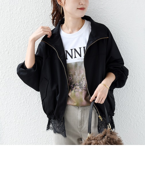 【WEB限定】〈手洗い可能〉レース ヘム スタンド ネック ギャザー ブルゾン