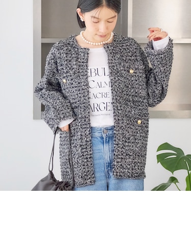 〈手洗い可能〉ミディ丈 ミックス ニット ジャケット