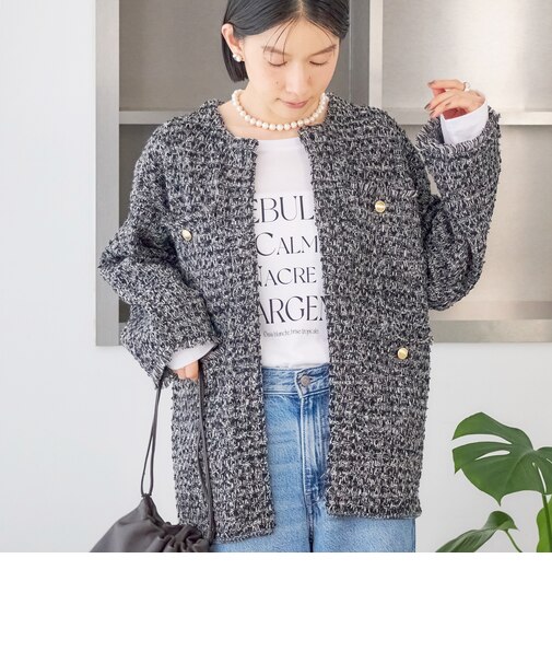 〈手洗い可能〉ミディ丈 ミックス ニット ジャケット