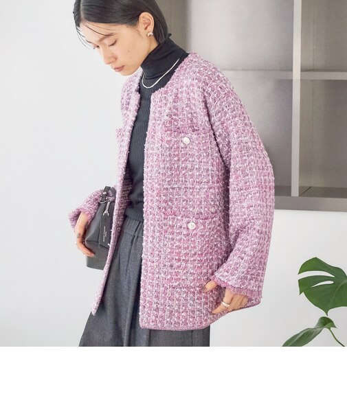 〈手洗い可能〉ミディ丈 ミックス ニット ジャケット