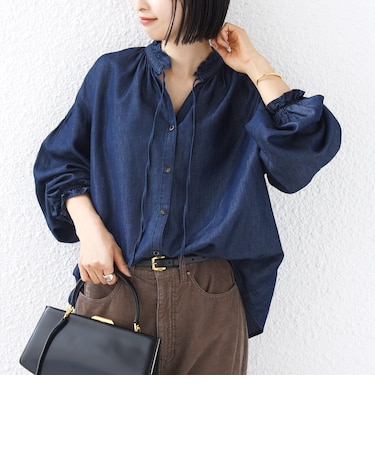 《追加予約》〈洗濯機可能〉ライトオンス デニム フリル スキッパー ブラウス