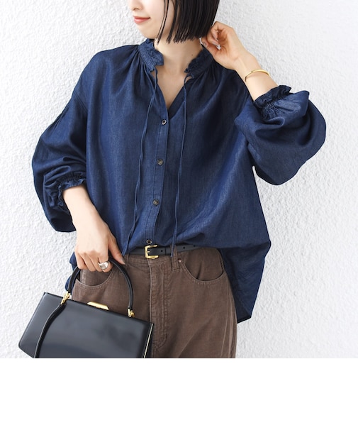 《追加予約》〈洗濯機可能〉ライトオンス デニム フリル スキッパー ブラウス