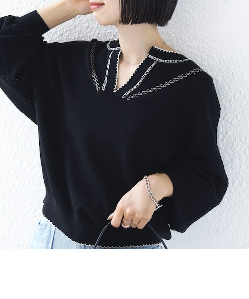 【WEB限定】〈手洗い可能〉配色 ステッチ アイレット スキッパー ニット