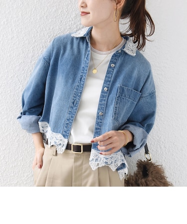 【WEB限定】〈手洗い可能〉ライトオンス レース コンビ デニム ロングスリーブ シャツ