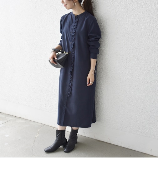 《追加予約》〈洗濯機可能〉ピーチスキン フリル バンドカラー シャツ ワンピース