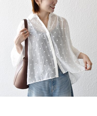【WEB限定】〈手洗い可能〉シアー ドット レギュラーカラー ギャザー シャツ