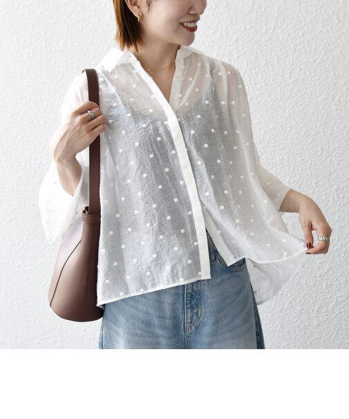 【WEB限定】〈手洗い可能〉シアー ドット レギュラーカラー ギャザー シャツ
