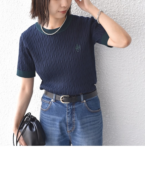 〈手洗い可能〉ミニ ケーブル 配色 5分袖 ニット◇