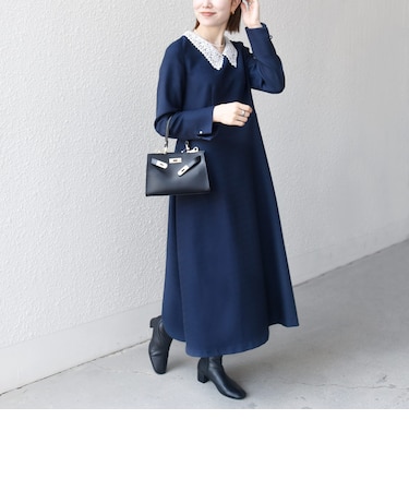 〈洗濯機可能〉レースカラー ロング スリーブ ワンピース［NAVY BLUE］