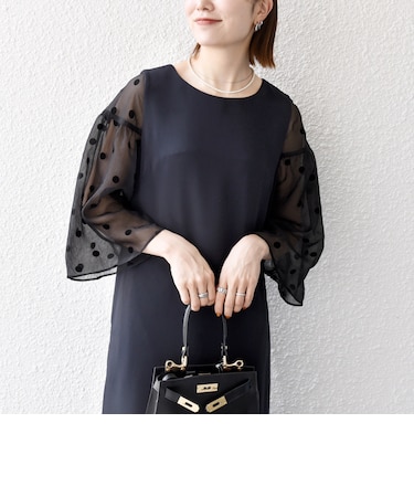 《一部追加予約》〈手洗い可能〉シアー ドット コンビ ワンピース ［NAVY BLUE］