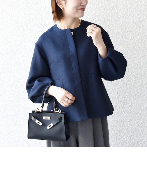 〈手洗い可能〉パフ スリーブ ノーカラー ジャケット［NAVY BLUE］