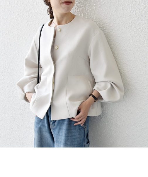 〈手洗い可能〉パフ スリーブ ノーカラー ジャケット［NAVY BLUE］
