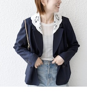 〈手洗い可能〉ウールライク レース カラー ジャケット［NAVY BLUE］