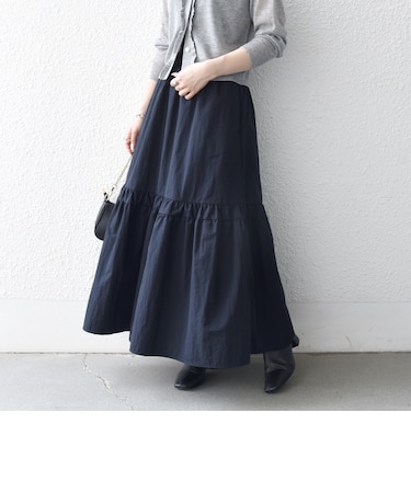〈洗濯機可能〉ウエスト リブ ギャザー スカート［NAVY BLUE］