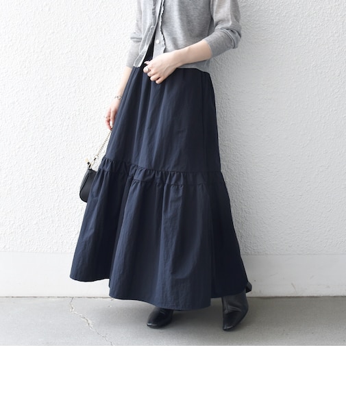 〈洗濯機可能〉ウエスト リブ ギャザー スカート［NAVY BLUE］