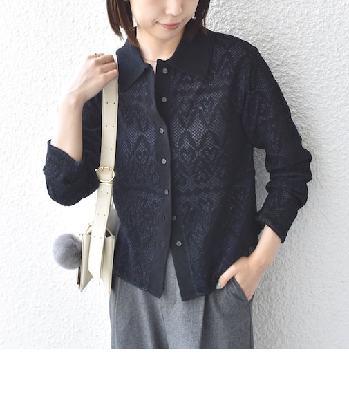 〈手洗い可能〉レース ジャカード ニット ポロ カーディガン◇