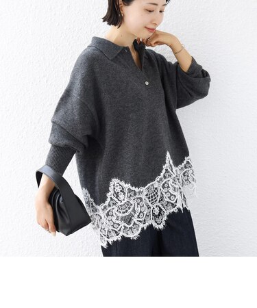 《一部追加予約》【WEB限定】〈手洗い可能〉レーストリム スキッパー ポロ襟 ニット