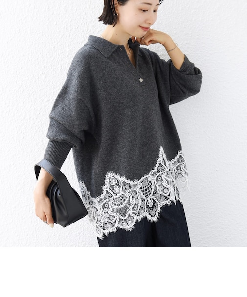 《一部追加予約》【WEB限定】〈手洗い可能〉レーストリム スキッパー ポロ襟 ニット