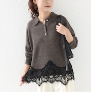 【WEB限定】〈手洗い可能〉レーストリム スキッパー ポロ襟 ニット