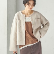 〈手洗い可能〉ノーカラー ヘアリー ニット ジャケット