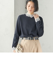 〈手洗い可能〉レース パールモチーフ コンビ プルオーバー