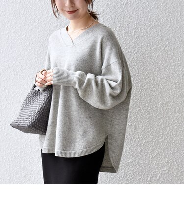〈手洗い可能〉AQUA カシミヤ ミックス Vネック ラウンドヘム ルーズ ニット