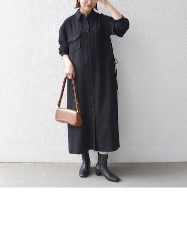 《予約》〈洗濯機可能〉ウールライク ポケット フレア ロング ワンピース［NAVY BLUE］