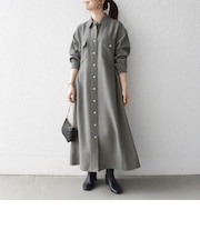 《予約》〈洗濯機可能〉ウールライク ポケット フレア ロング ワンピース［NAVY BLUE］